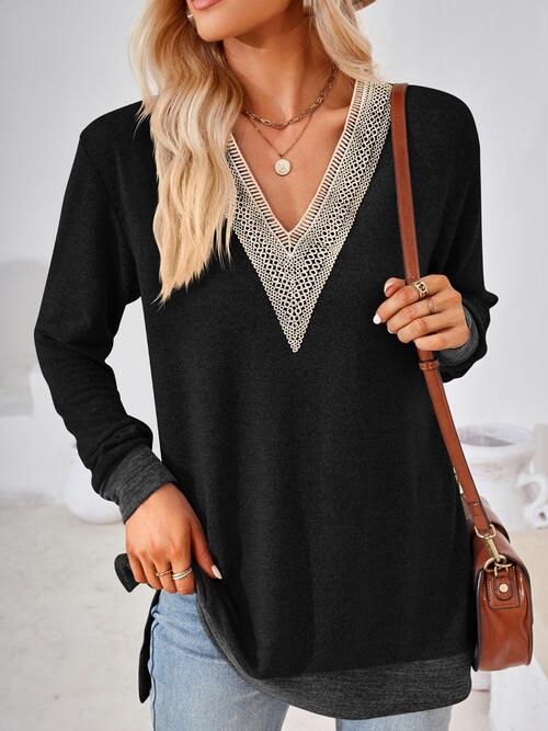 Crochet Contrast V-Neck Long Sleeve Slit T-Shirt by VYSN-5