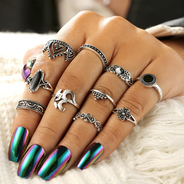 Tocona 10pcs/Set Bohemia Antique Silver Crown Star Moon Flower Carved Rings Sets Opal Stone Knuckle Rings - Memoriex