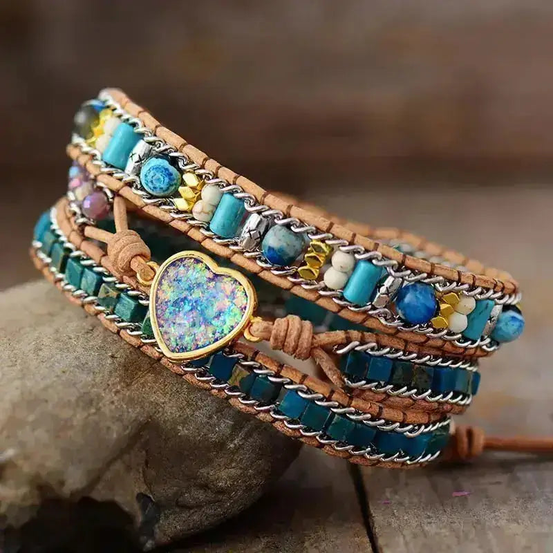 Blue Heart Opal Leather  Bracelet-4