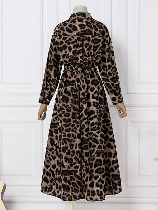 High Waisted Long Sleeves Buttoned Leopard Lapel Maxi Dresses by migunica-4