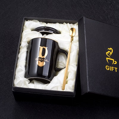 400ml Creative Gold Finger Printing Black Ceramic Coffee Mug Tea Cup With Gold Handle As Gift With Lid And Spoon - Memoriex