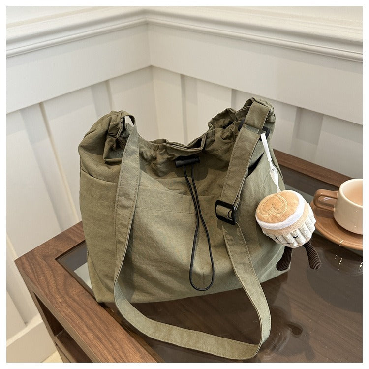 New large capacity waterproof nylon cloth drawstring pleated shoulder bag travel leisure crossbody bucket bag - Memoriex 