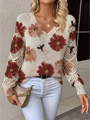 Elegant Bohemian Floral V-neck Long Sleeve Fashion Printed Sweater