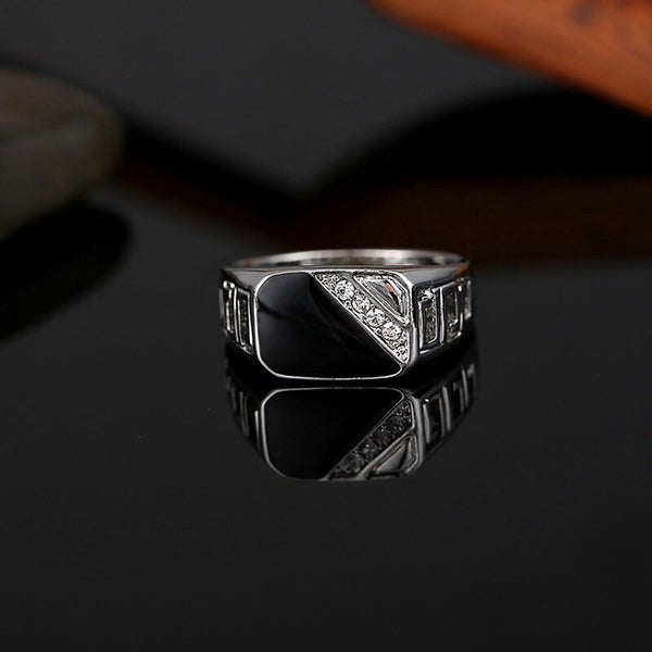 Fashion Male Jewelry Classic Gold Color Rhinestone Wedding Ring Black Enamel Rings For Men Christmas Party Gift - Memoriex