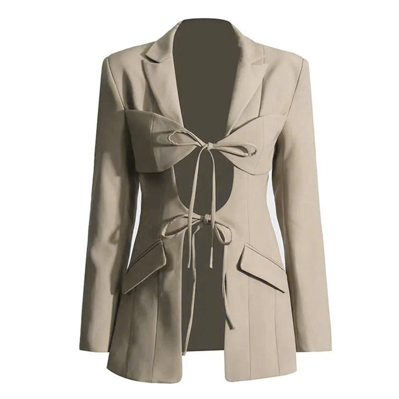 V-neck tie with hollow waist irregular splicing design stylish suit jacket for women