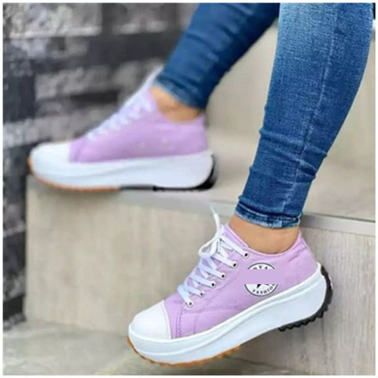 Leisure single shoe women's solid color thick sole lace up canvas shoes casual shoes - Memoriex 