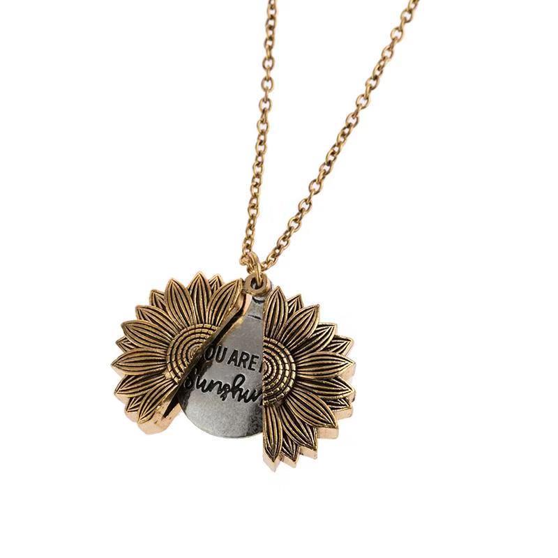 Women Necklace Custom You Are My Sunshine Open Locket Sunflower Double-layer Lettering Necklace Short Clavicle Chain - Memoriex