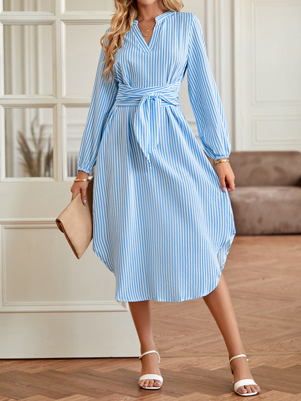 A-Line Long Sleeves Striped Tied Waist V-Neck Midi Dresses Shirt Dress by migunica-4