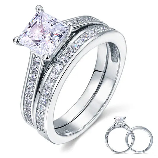 1.5 Carat Princess Cut Created Diamond 925 Sterling Silver 2-Pcs Wedding Engagement Ring Set XFR8009S-0