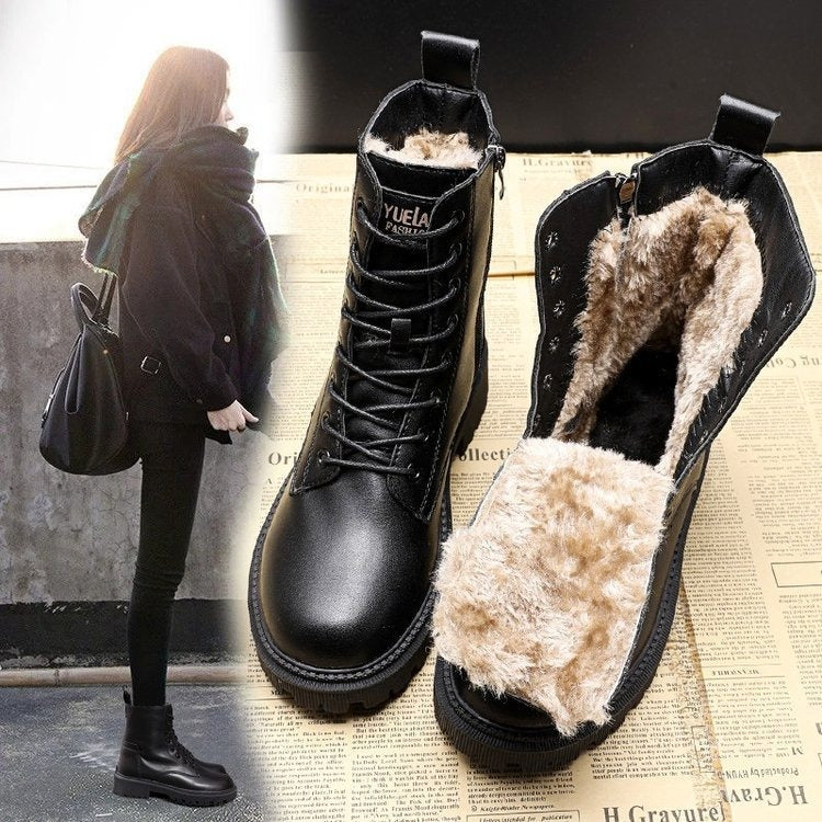 Snow boots, women's new cotton shoes, autumn and winter women's shoes, waterproof British style Martin short boots, thickened and plush in winter - Memoriex 