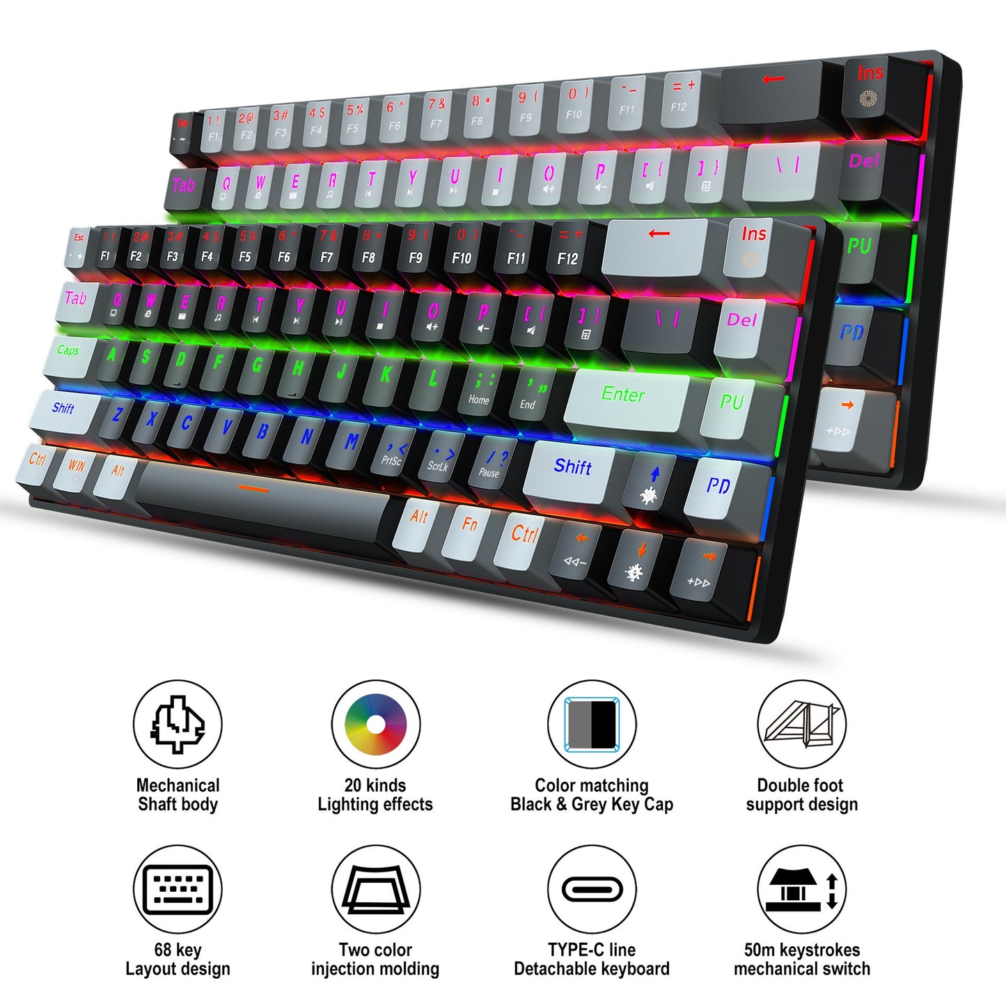 New 68 key RGB luminous esports game with blue and red axis mechanical keyboard laptop MAC 60% - Memoriex 