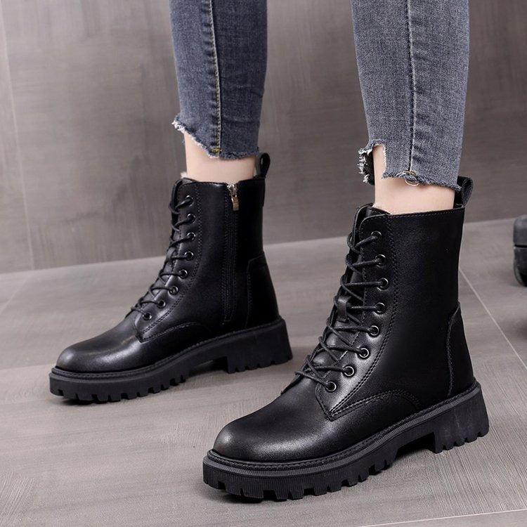 Snow boots, women's new cotton shoes, autumn and winter women's shoes, waterproof British style Martin short boots, thickened and plush in winter - Memoriex 