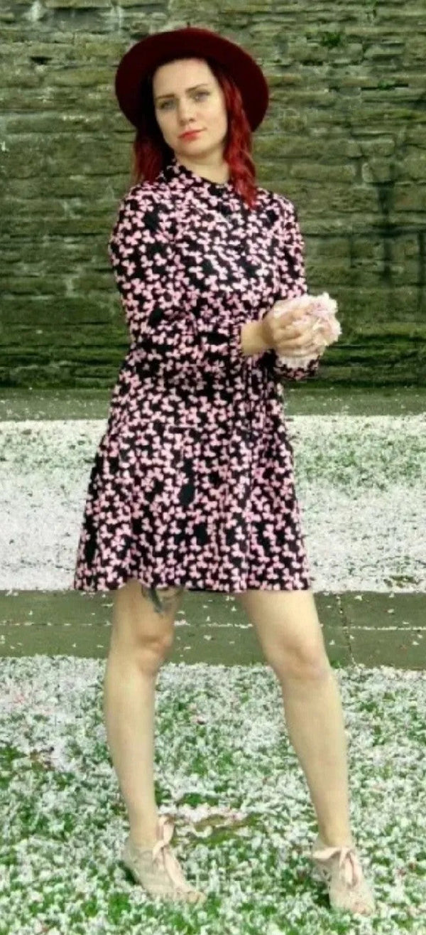 Black+Pink Floral Round Neck Button Up with a tie Mini Dress-0