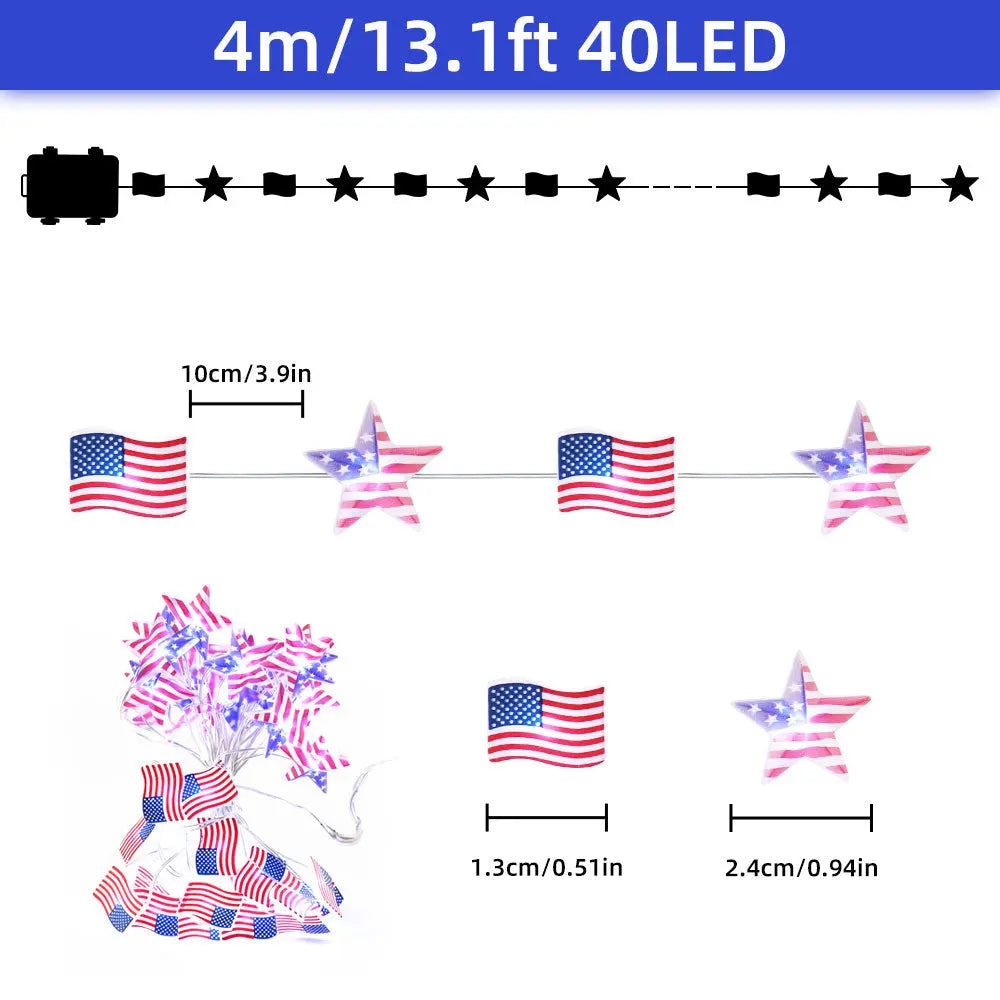 13.1FT 40 LED American Flag Star Lights String 4th of July Lights Battery Operated Fairy Lights-1