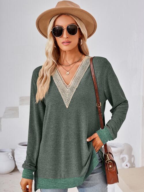 Crochet Contrast V-Neck Long Sleeve Slit T-Shirt by VYSN-6