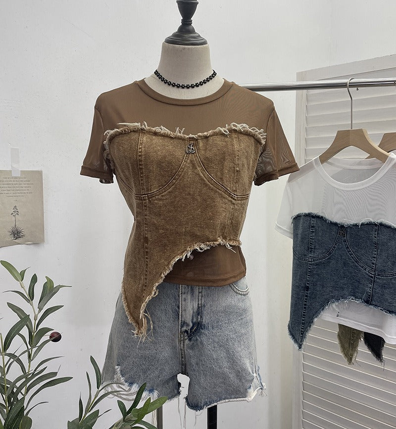 Cowboy patchwork mesh short sleeved t-shirt summer outfit irregular high waisted slim fit top