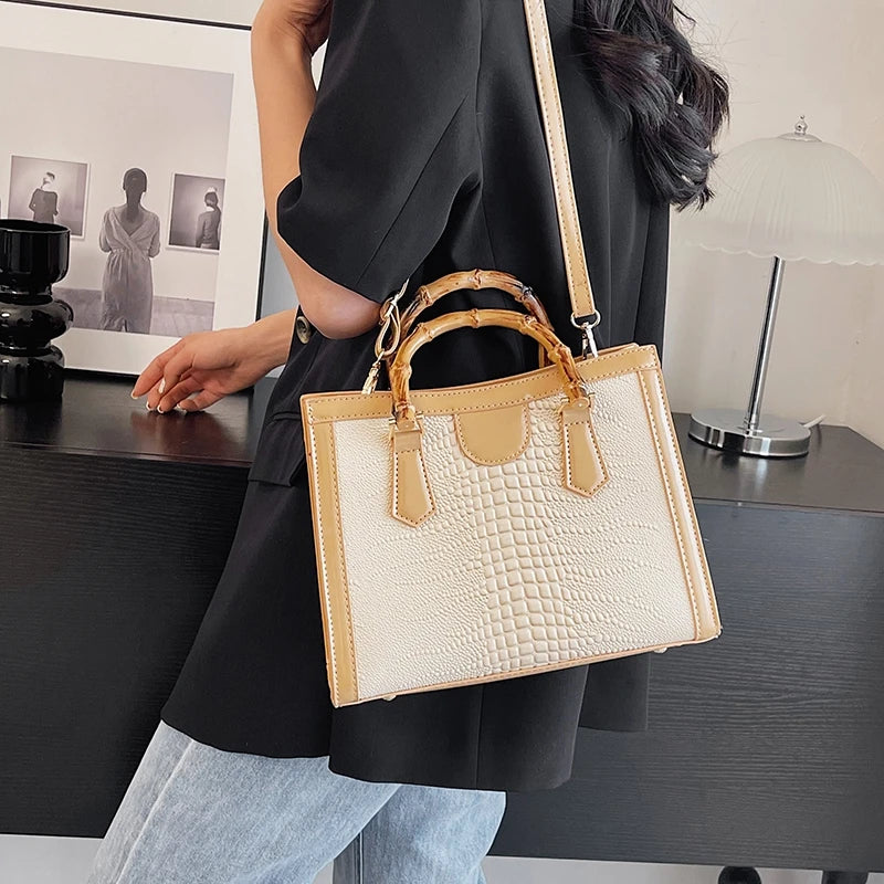 High Quality Leather Shoulder Bag For Women Luxury Alligator Handbag Designer Women Bag Retro Bamboo Handle Tote Bag Female - Memoriex 