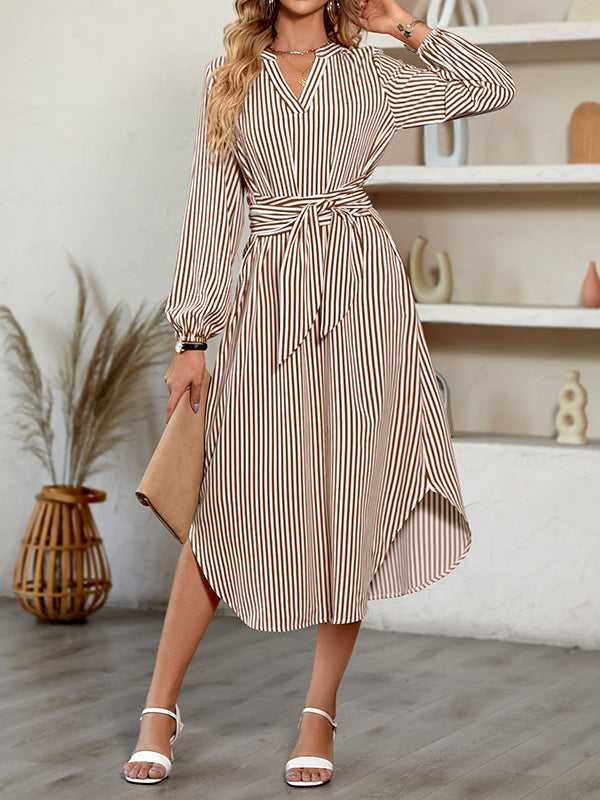 A-Line Long Sleeves Striped Tied Waist V-Neck Midi Dresses Shirt Dress by migunica-1