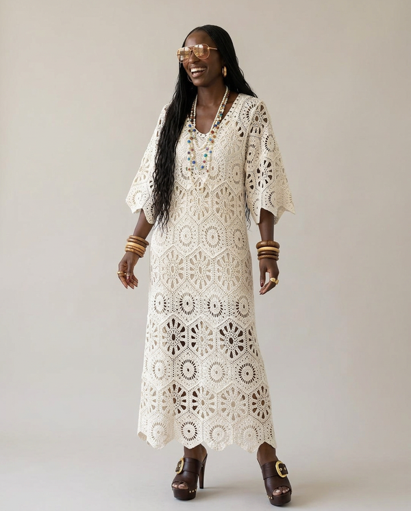 Graceful Crochet Hollow Maxi Dress-0