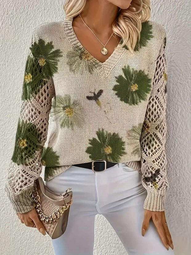 Elegant Bohemian Floral V-neck Long Sleeve Fashion Printed Sweater