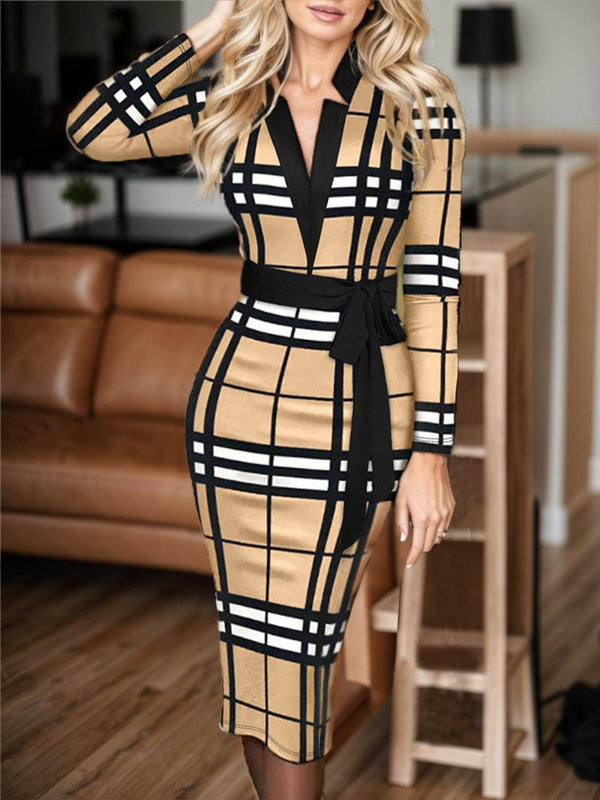 Plus Size Plaid V-Neck Long Sleeve Wrap Dress for Women-0
