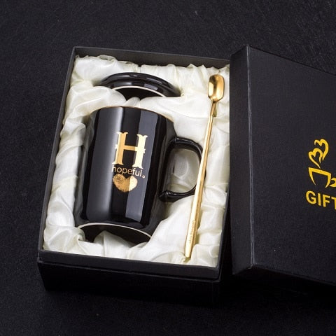 400ml Creative Gold Finger Printing Black Ceramic Coffee Mug Tea Cup With Gold Handle As Gift With Lid And Spoon - Memoriex
