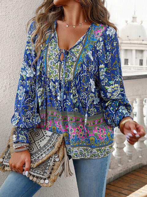 Bohemian Tie Neck Lantern Sleeve Blouse by VYSN-3