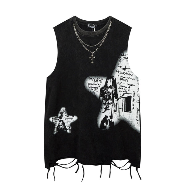 Distressed Sleeveless Graphic T-Shirt – Loose-Fit Cotton Vest