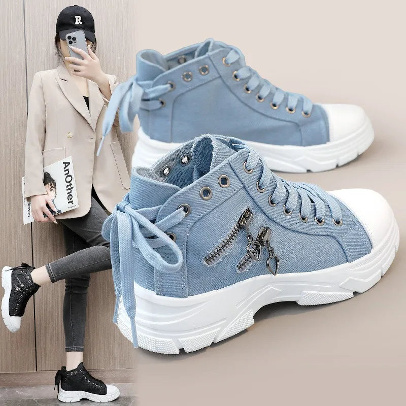 New Canvas High-top Women Shoes Spring Breathable Denim Sneakers Women Summer Thick Bottom Heightening Sports Casual Shoes - Memoriex 