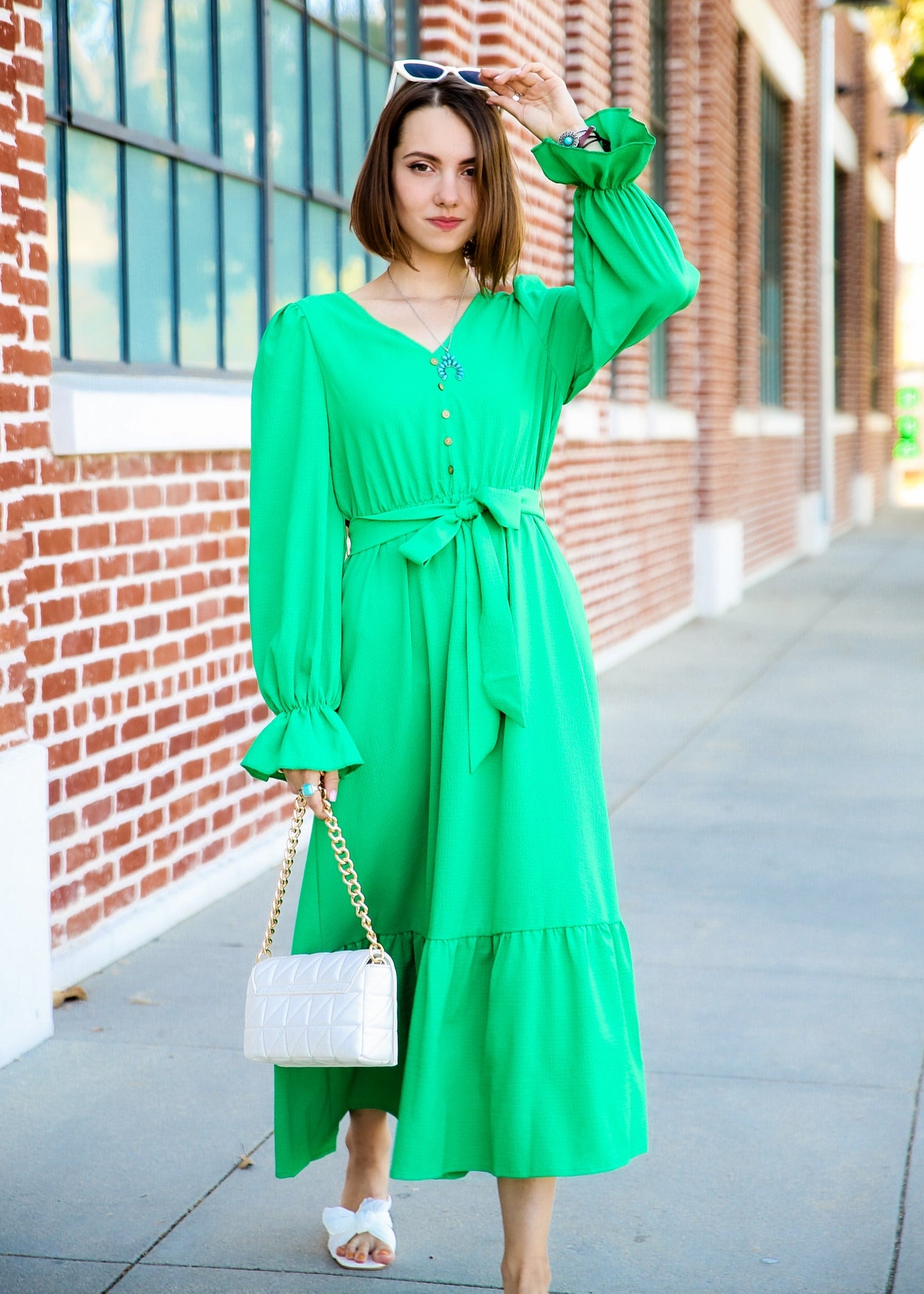 Puffed Sleeve Ruffle Hem Belted Green Dress by Knit and Lounge-2