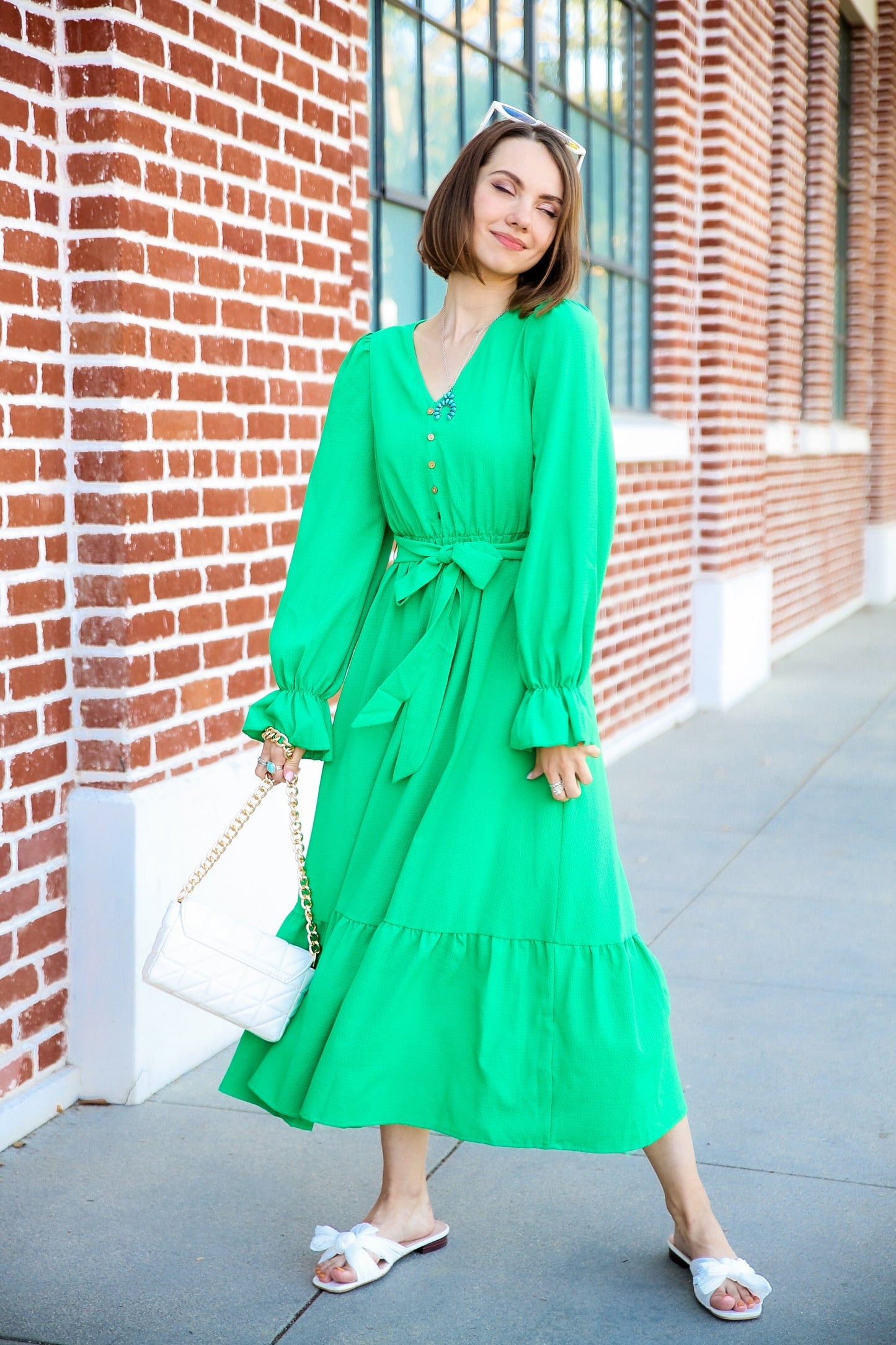 Puffed Sleeve Ruffle Hem Belted Green Dress by Knit and Lounge-4