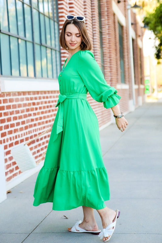 Puffed Sleeve Ruffle Hem Belted Green Dress by Knit and Lounge-0