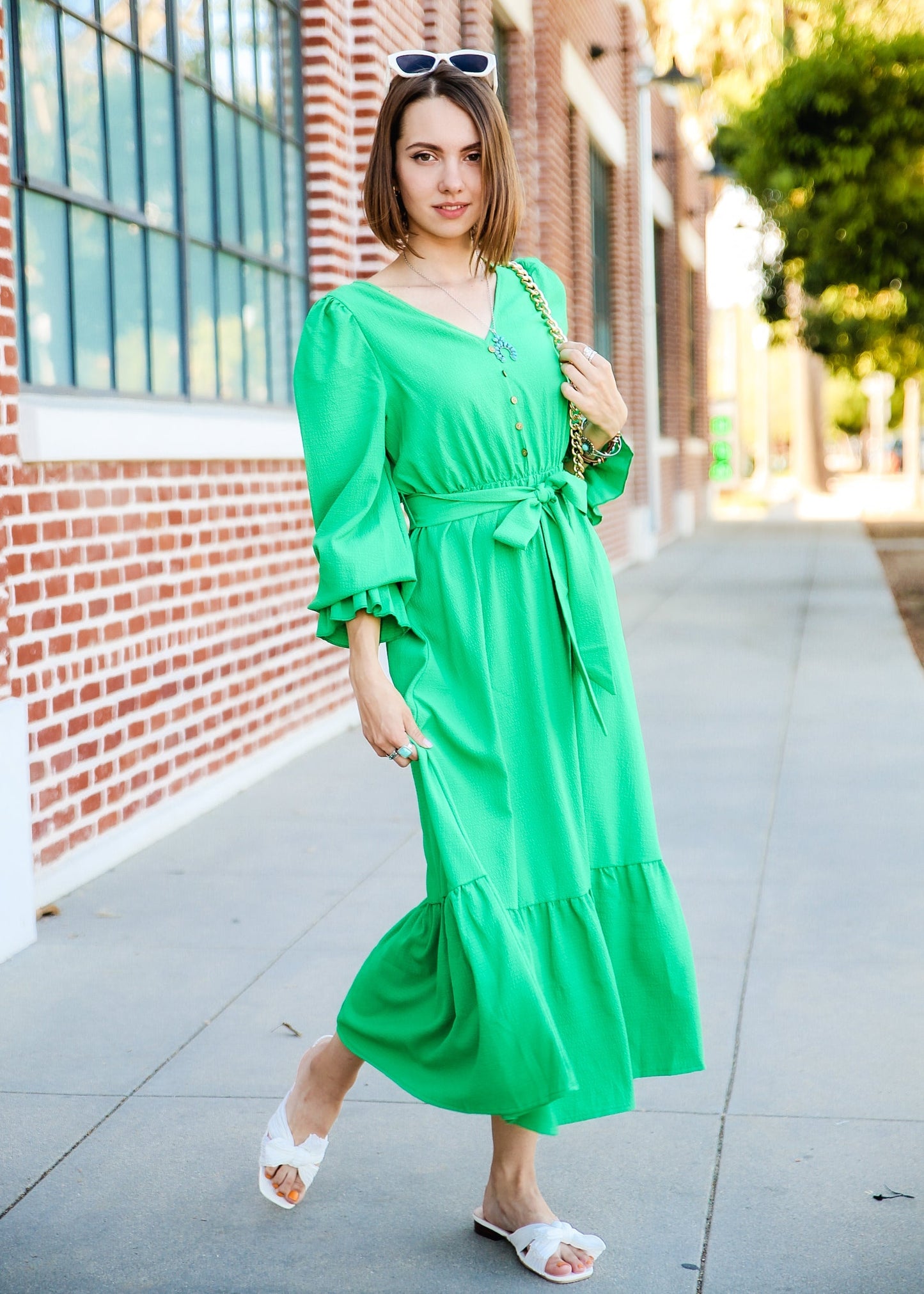 Puffed Sleeve Ruffle Hem Belted Green Dress by Knit and Lounge-1