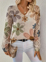 Elegant Bohemian Floral V-neck Long Sleeve Fashion Printed Sweater