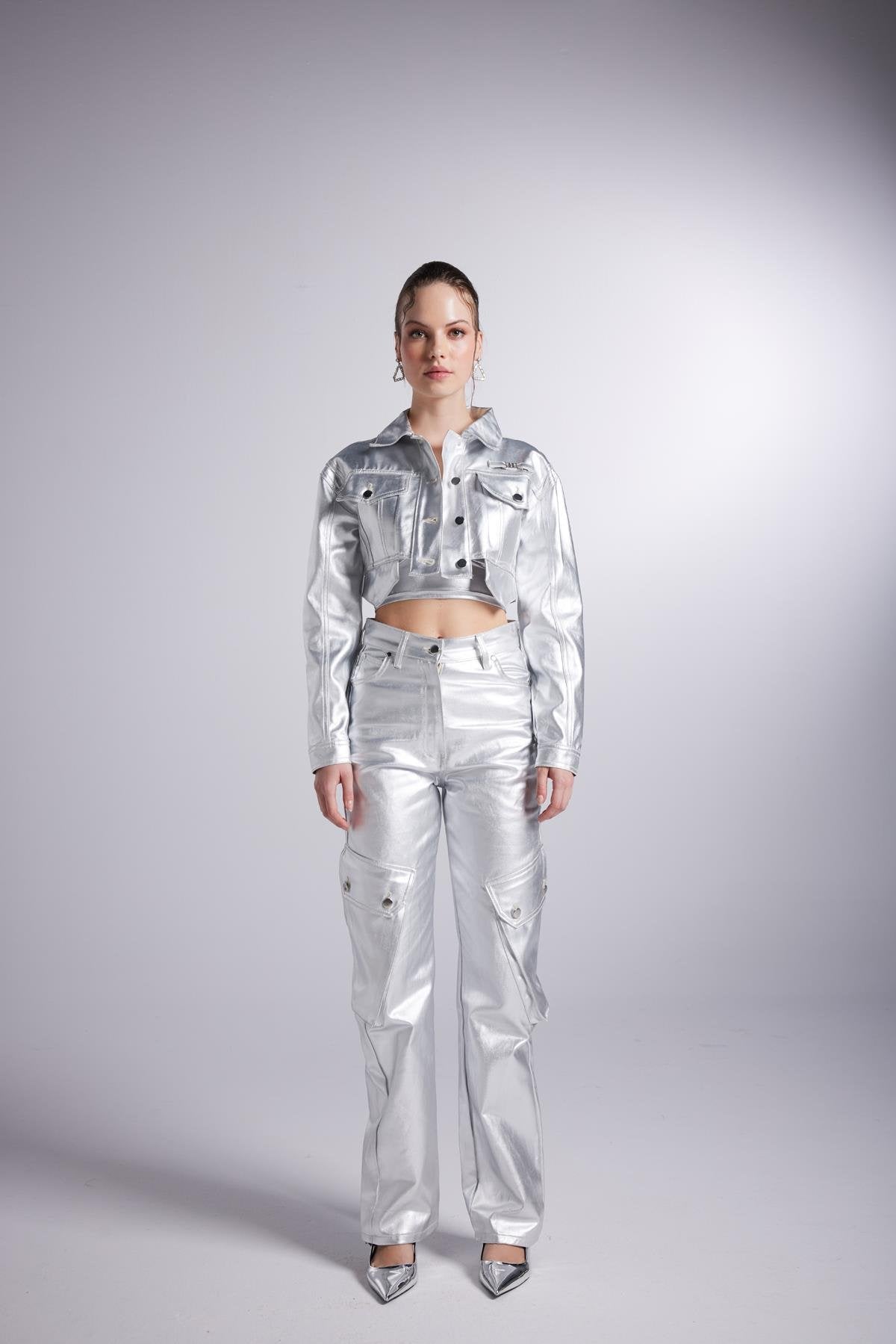 Metallic Grey Glossy Millen Cropped Jacket-3