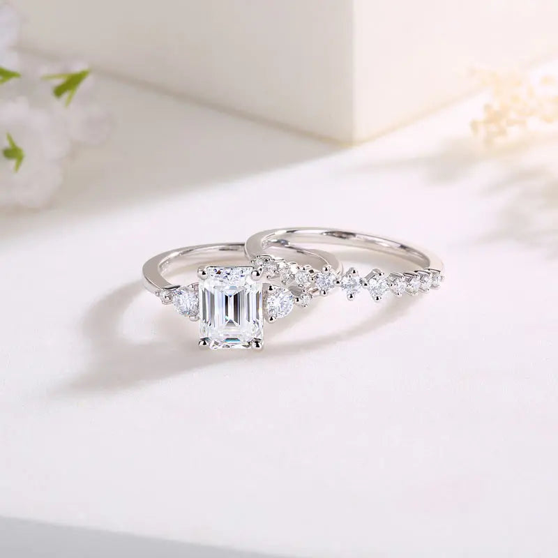 2 Carat Emerald Cut Moissanite Diamond  Ring Set ( 2 pcs) 925 Sterling Silver MFR8368-7