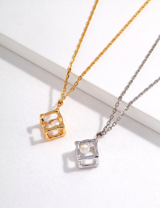 Hollow Geometric Cube Pendant Necklace-0