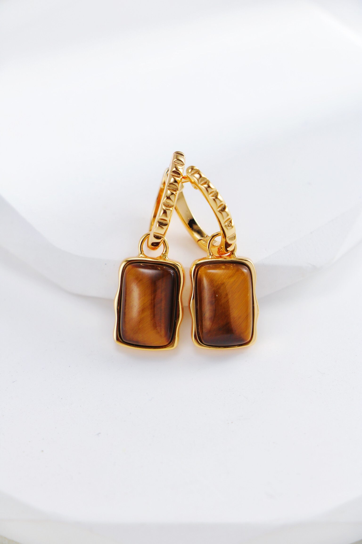 Rectangle Shape Tiger Eye Long Earrings-1