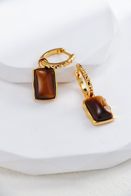 Rectangle Shape Tiger Eye Long Earrings-0