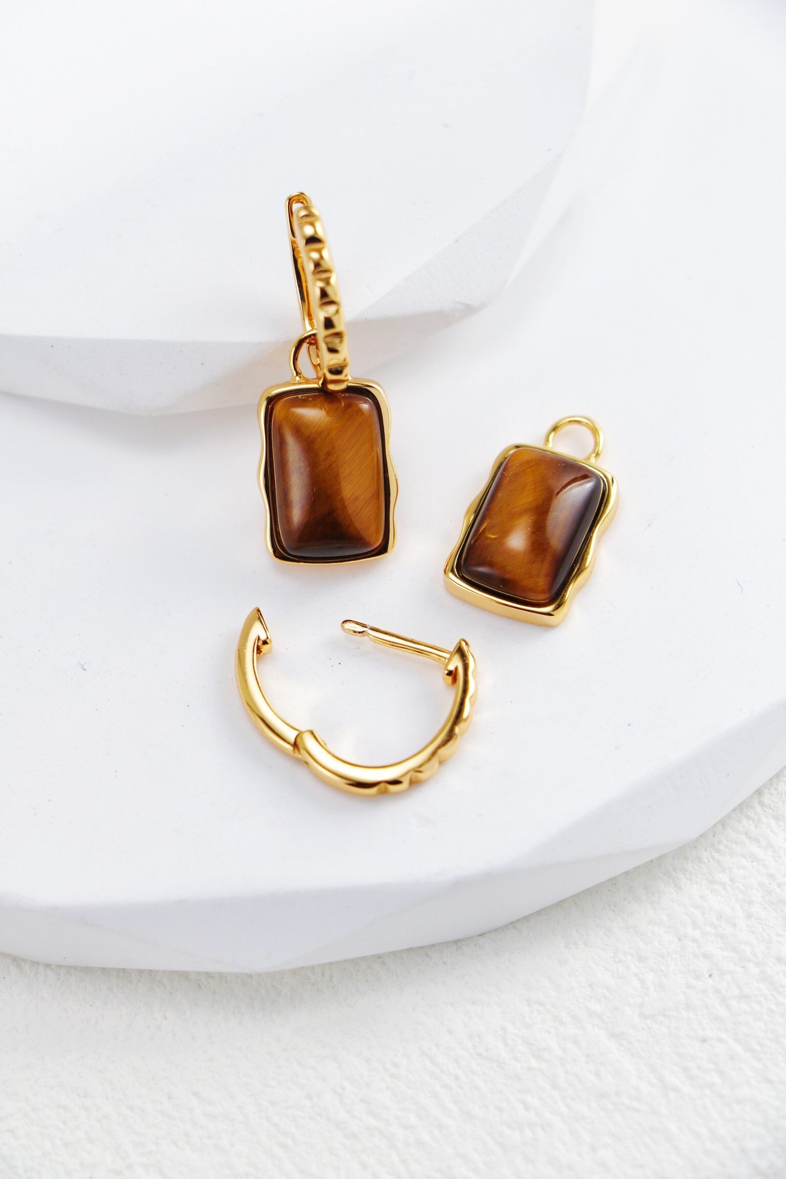 Rectangle Shape Tiger Eye Long Earrings-4