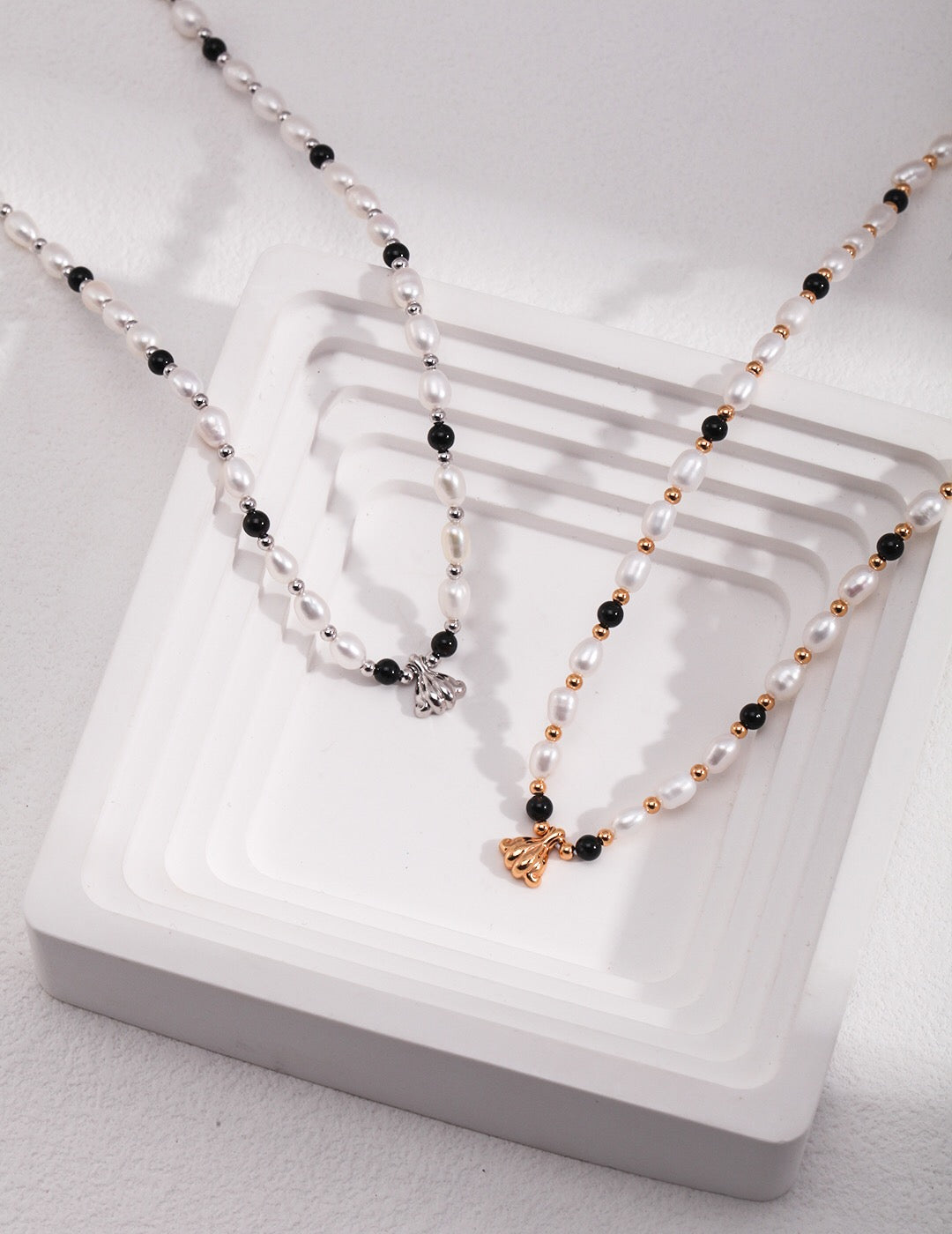 Spaced Black Onyx Pearl Pendant Necklace-3