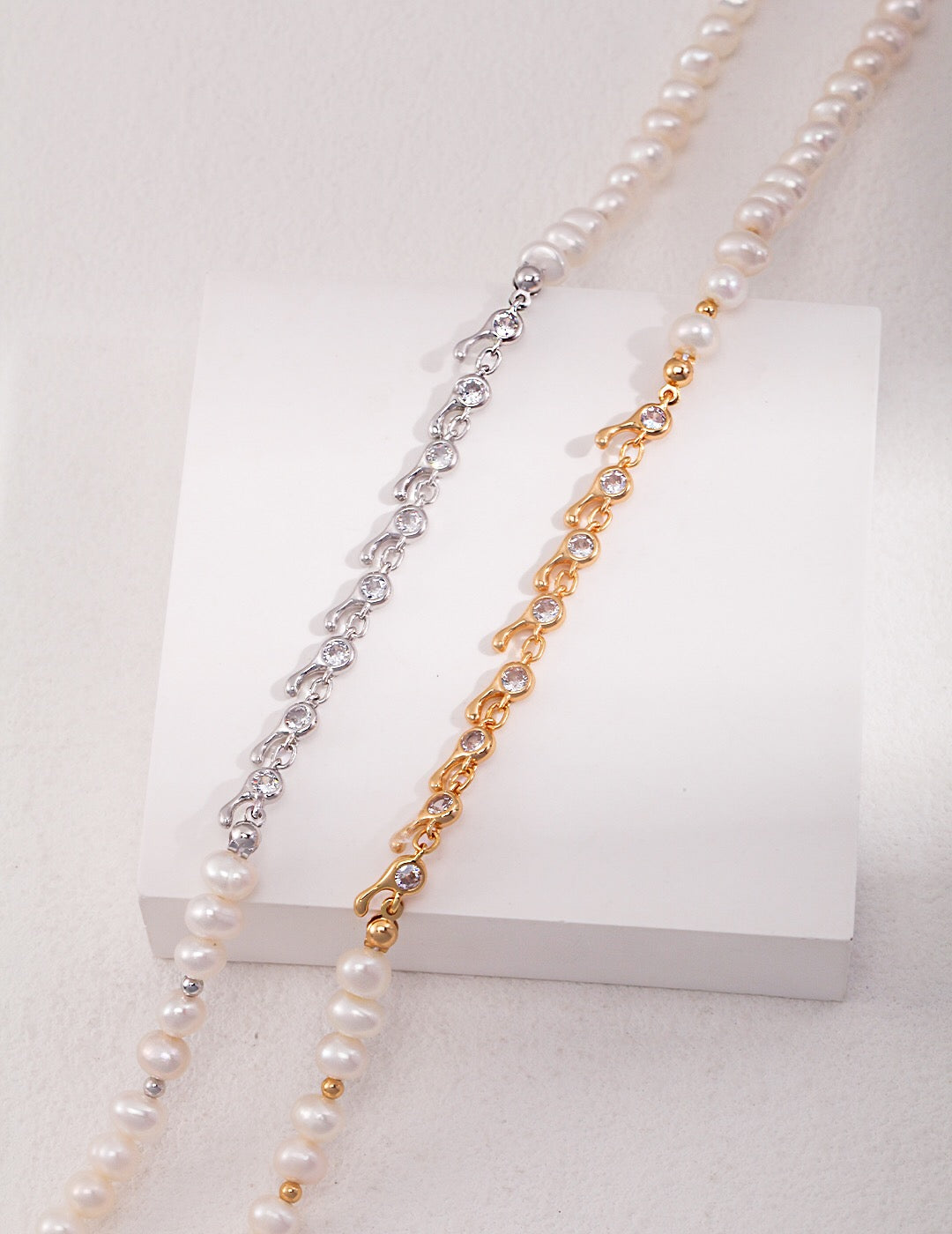 Zircon Chain Splice Natural Pearl Necklace-2