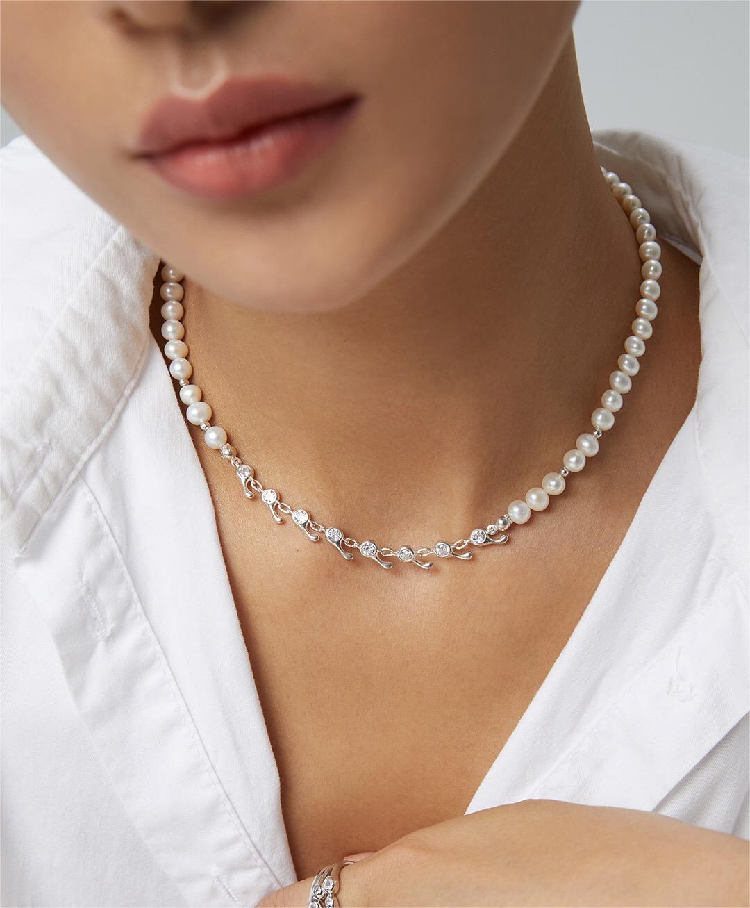 Zircon Chain Splice Natural Pearl Necklace-4