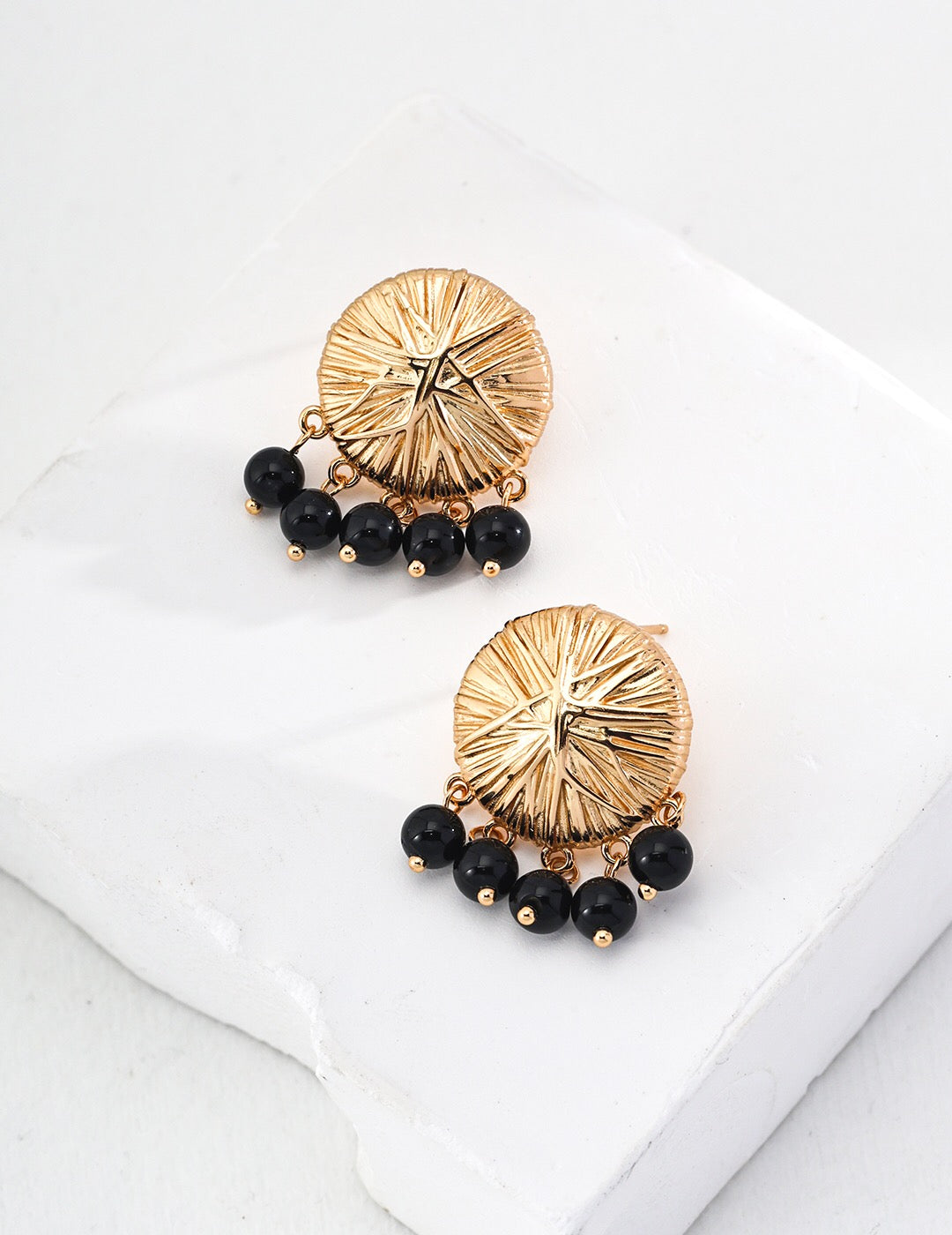 Round Black Onyx Drop Earrings-1