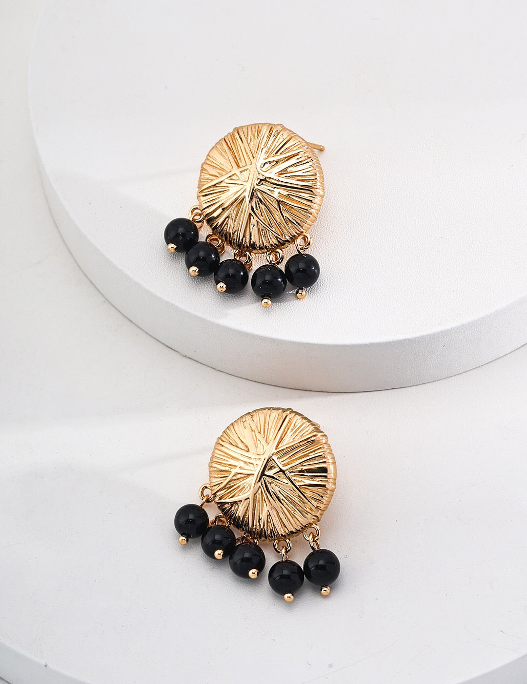 Round Black Onyx Drop Earrings-2