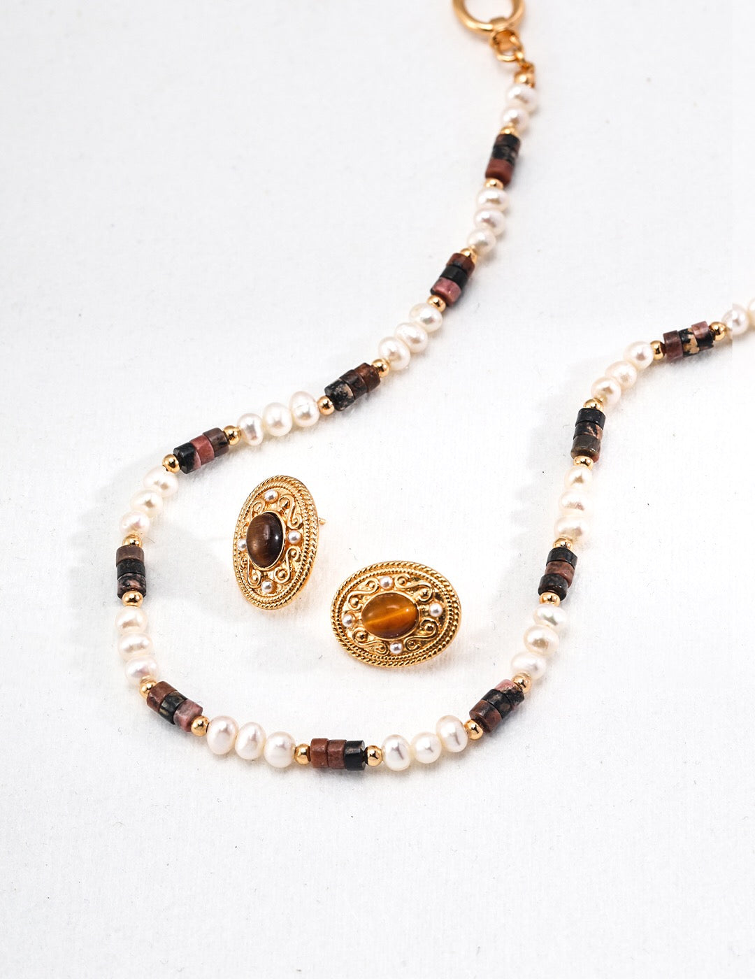 Tiger Eye Stone Pearl Necklace-3