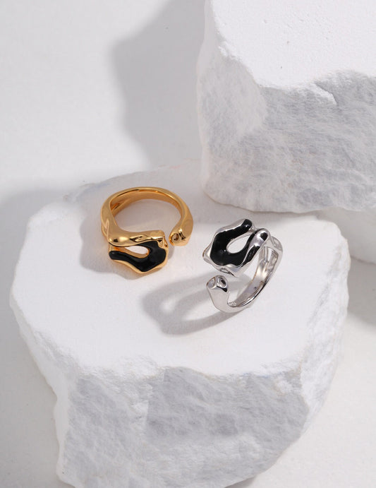 Black Enamel Sculpture Style Ring-0