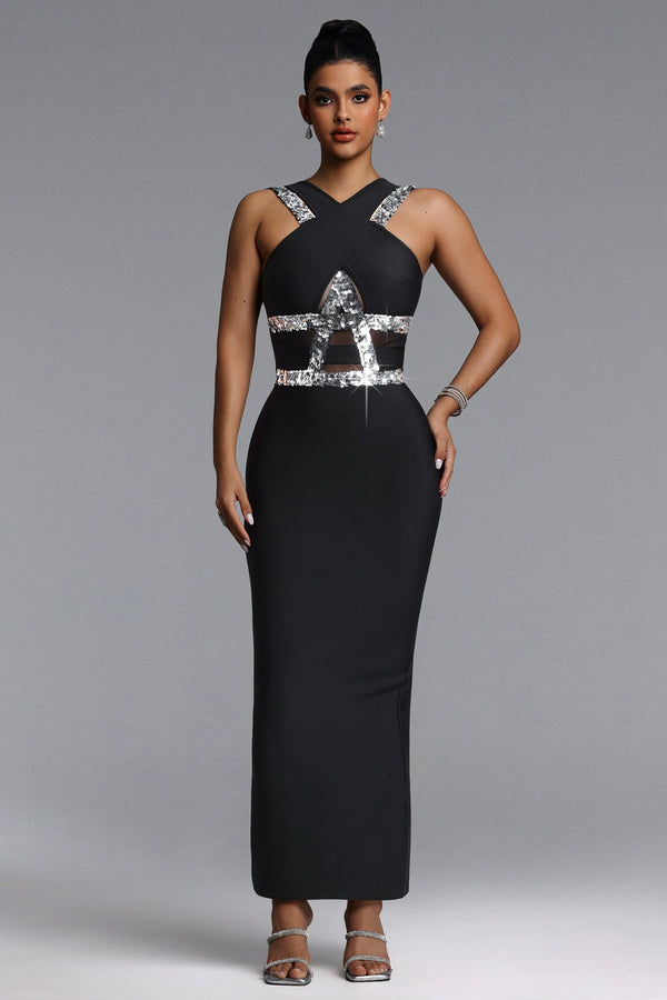 Oyata Chic Contour Halter Sequin Bandage Maxi Dress-0