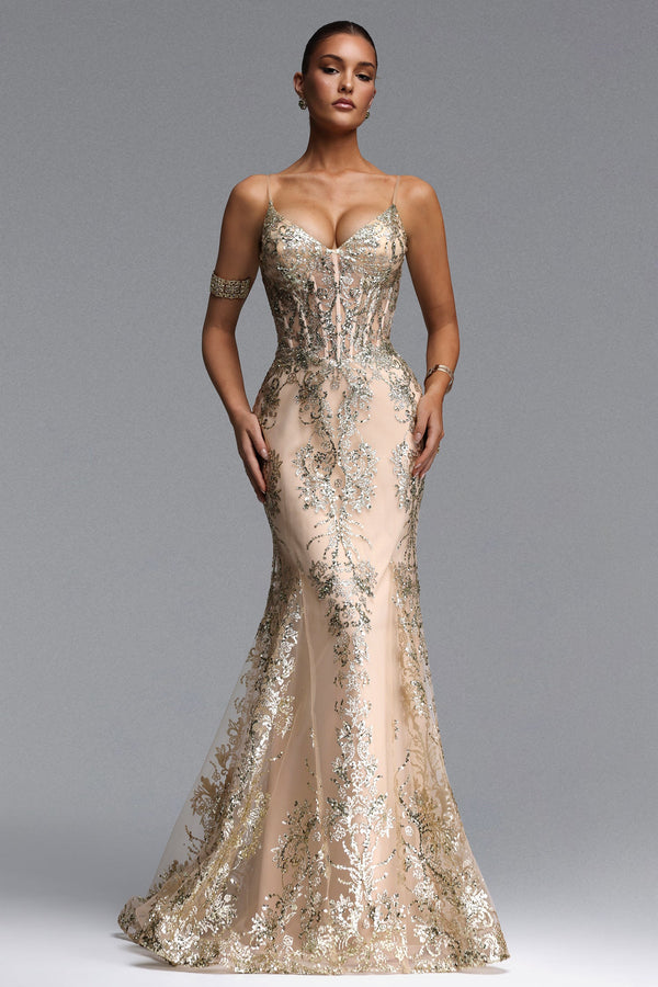 Miriam Elegant Contour V Neck Sequin Maxi Dress-0