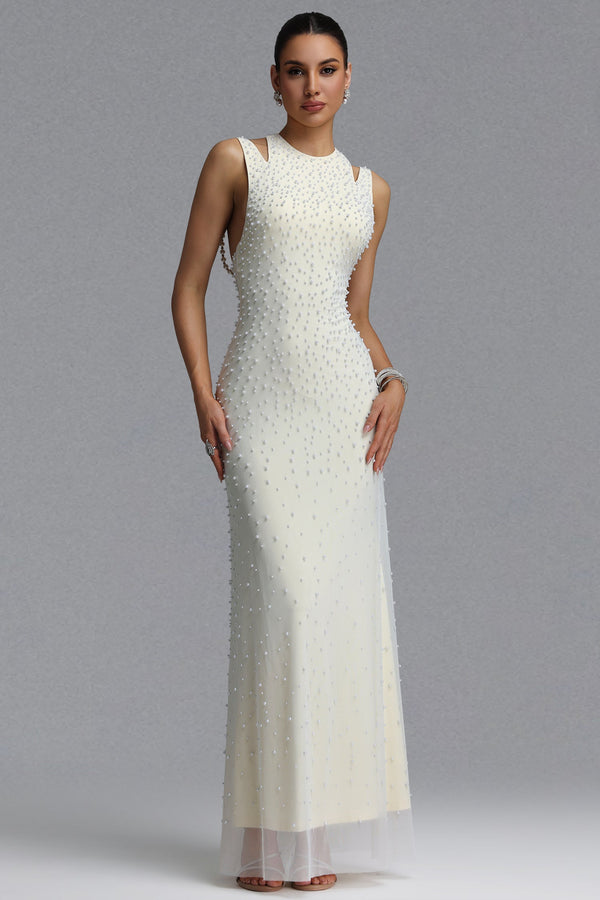 Dilara Elegant Slim Sleeveless Cutout Shoulder All Over Pearl Mesh Mermaid Maxi Evening Dress-0